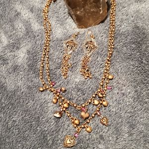 Heart Necklace & Diamond Shaped Beaded Dangle Earr